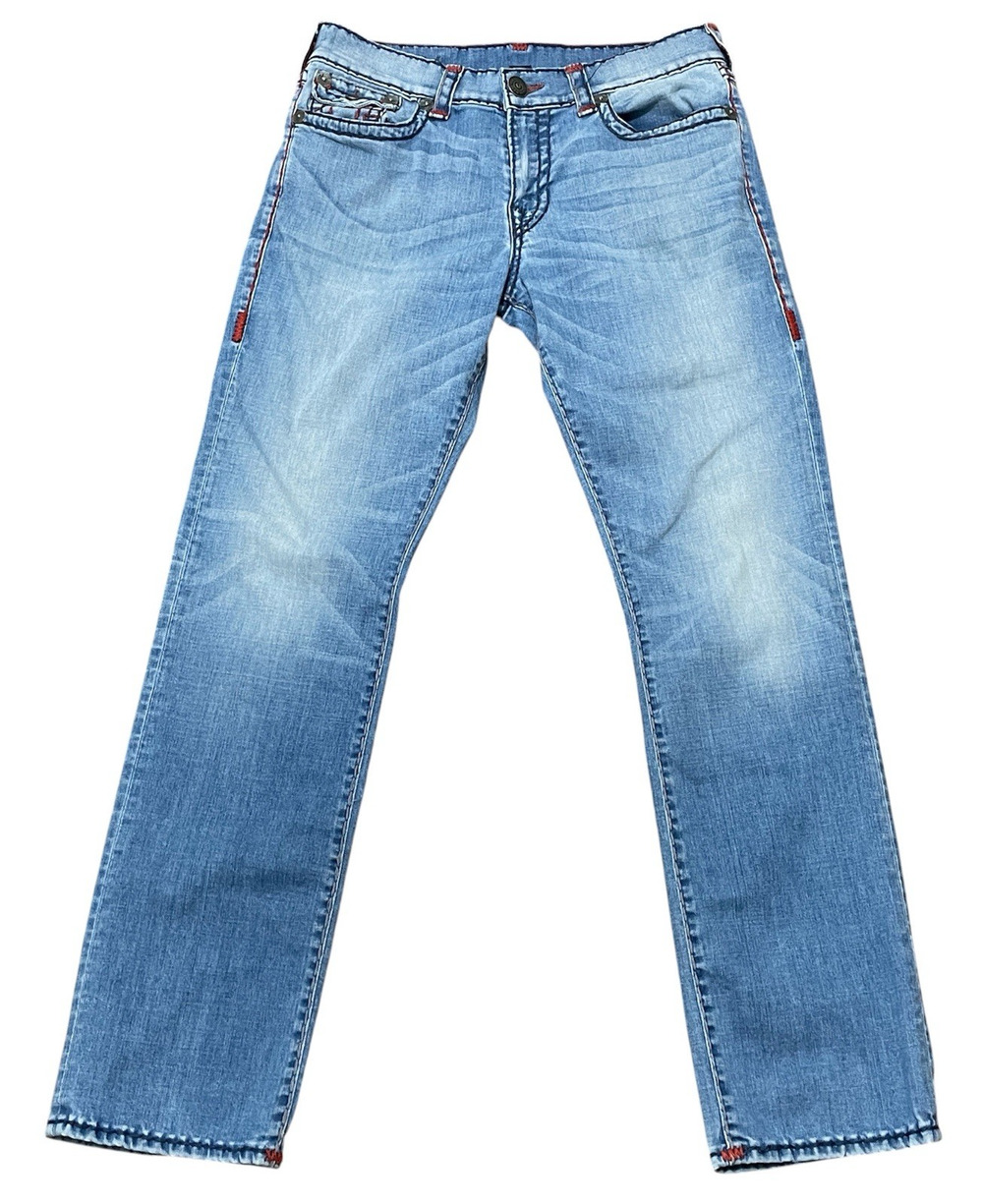 True Religion Ricky Blue Super T Relaxed Straight Flap Jeans Mens 33 Red Stitch